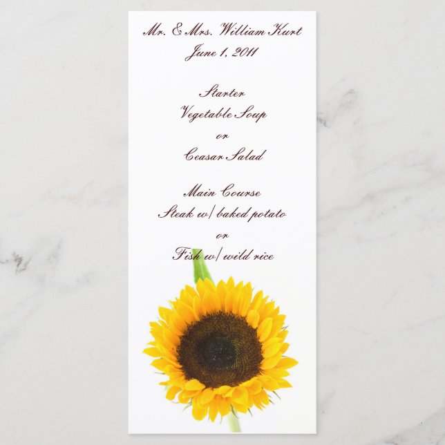 Menu Réception de mariage de tournesol (Devant)