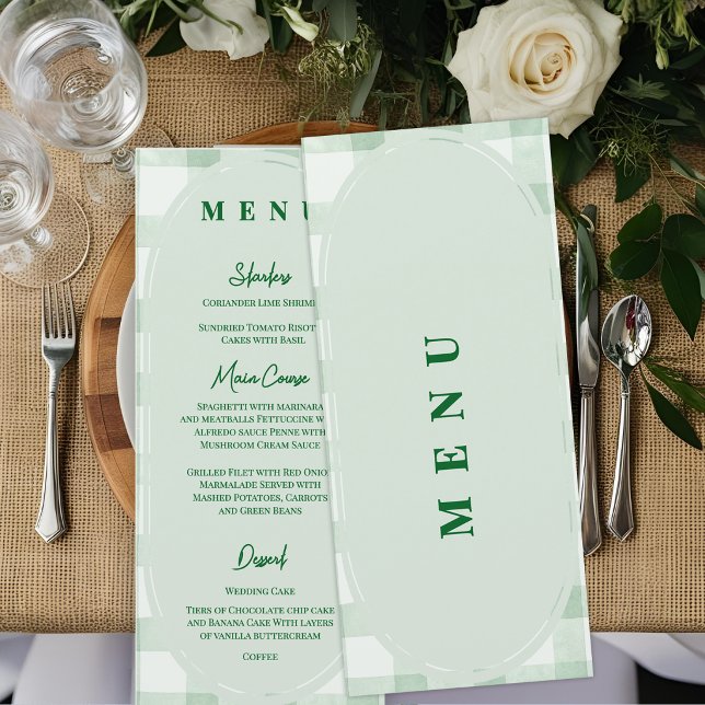 Menu Réception de mariage dîner en vichy vert sauge (Sage Green Gingham Wedding Menu Card | Garden Party Reception Menu)