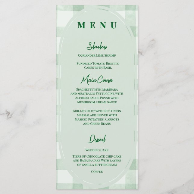 Menu Réception de mariage dîner en vichy vert sauge (Devant)