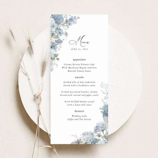 Menu Réception de mariage dîner floral bleu poussiéreux (Dusty blue watercolor wedding menu card, elegant floral reception dinner menu table stationery)