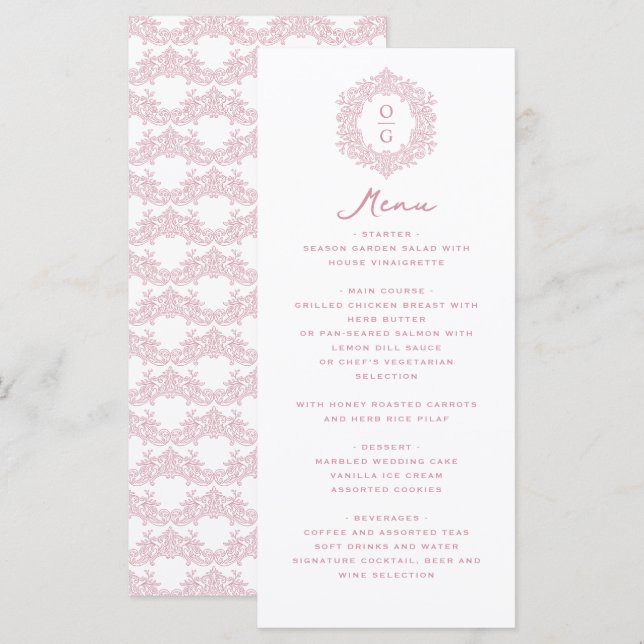 Menu Réception de mariage élégante aux tons roses (Devant / Derrière)