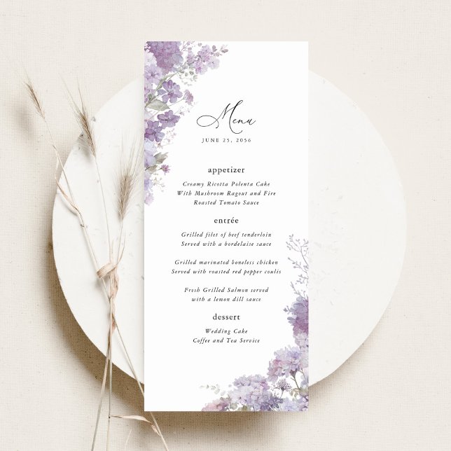 Menu Réception de mariage élégante avec thème floral de (Lavender floral wedding menu card watercolor lilac purple wedding reception menu elegant table decor)