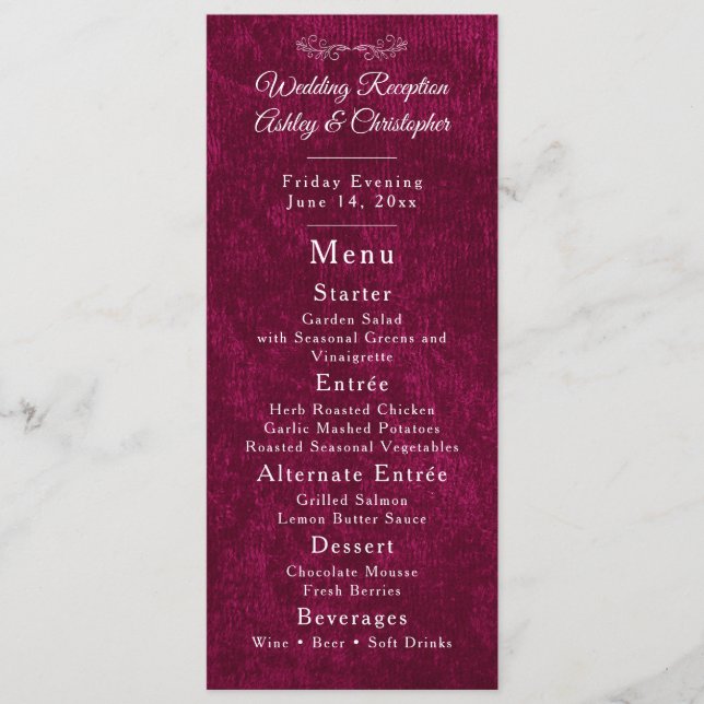 Menu Réception de mariage élégante en velours bordeaux  (Devant)