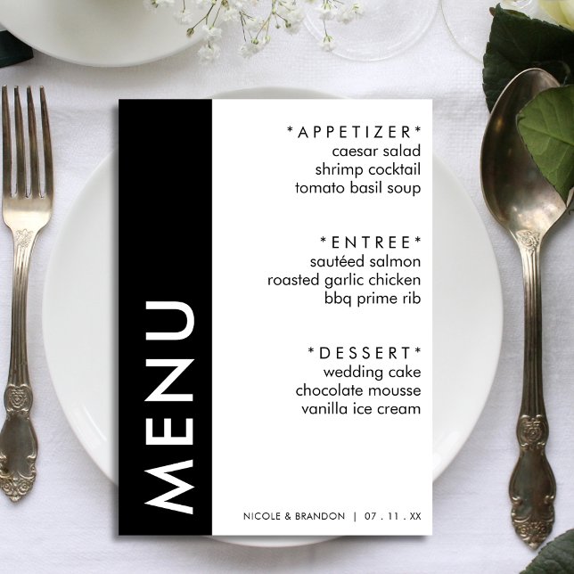 Menu Réception de mariage en bande latérale noire et bl (Black & White Side Stripe Wedding Reception Menu)