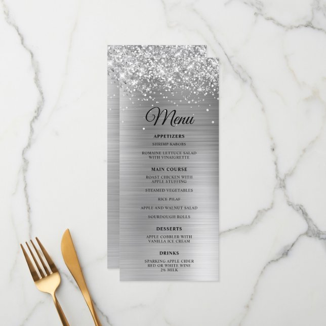 Menu Réception de mariage en feuille d'argent scintilla (Devant/Arrière en situation)