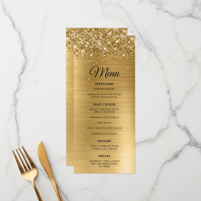 Menu Réception de mariage en feuille d'or scintillante (Devant/Arrière en situation)