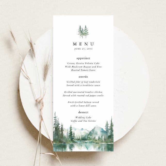 Menu Réception de mariage en forêt au bord d'un lac de  (Mountain Lake Wedding Menu Card, Watercolor Woodland Wedding Menu, Forest Wedding Reception Menu)