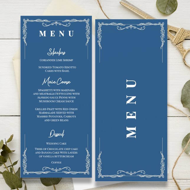 Menu Réception de mariage en smoking bleu poussiéreux (Dusty Blue Wedding Menu Card Elegant Black Tie Wedding Menu Formal Reception Menu)