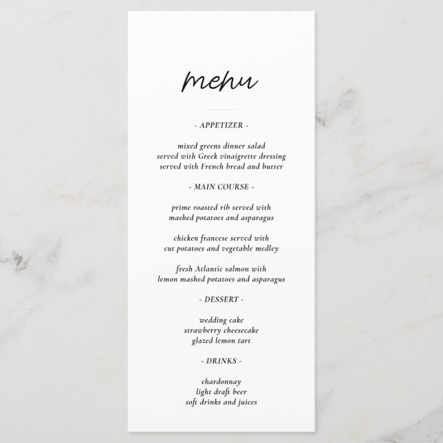 Menu Réception de mariage en typographie simple (Devant)