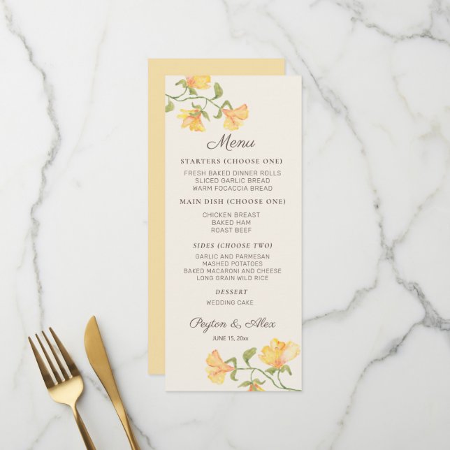 Menu Réception de mariage floral aquarelle jaune pastel (Devant/Arrière en situation)