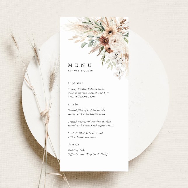 Menu Réception de mariage floral avec herbe de Pampas B (Boho Pampas Grass Floral Wedding Menu Card, Neutral Reception Menu, sage green terracotta menu)