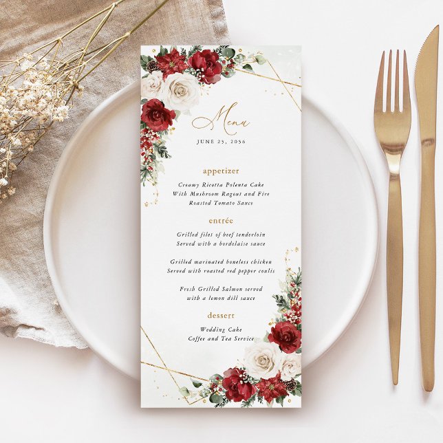 Menu Réception de mariage floral hivernal en or de Bour (Burgundy Gold Winter Floral Wedding Menu Card, Christmas Holiday Elegant Geometric Reception Menu)