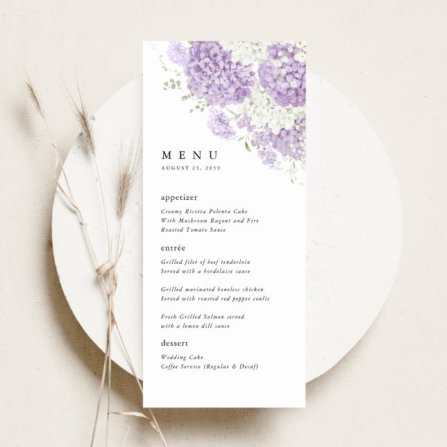 Menu Réception de mariage floral lavande lilas blanc (Lavender lilac white hydrangea wedding menu, romantic watercolor floral reception table dinner menu)