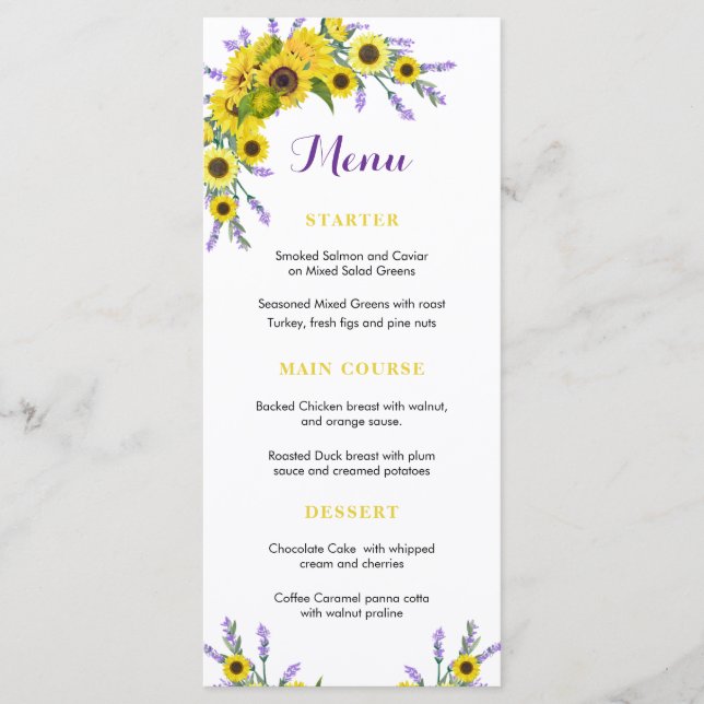 Menu Réception de mariage Floral Tournesol et Lavande (Devant)