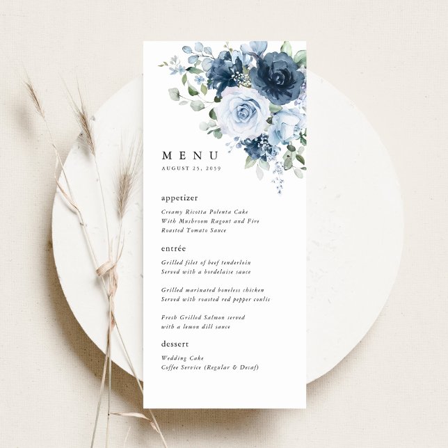 Menu Réception de mariage florale bleu poussiéreux et m (Dusty blue floral wedding menu card on a neutral plate, elegant watercolor flowers & modern layout)