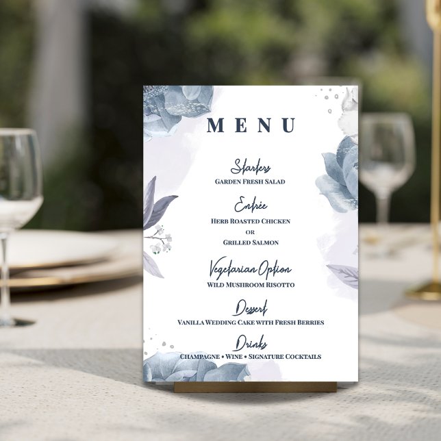 Menu Réception de mariage florale bleu poussiéreux pour (Dusty Blue Floral Wedding Menu | Romantic Reception Menu Card)