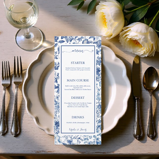 Menu Réception de mariage florale élégante avec toile d (Elegant Dusty Blue Toile Floral Wedding Reception Menu)