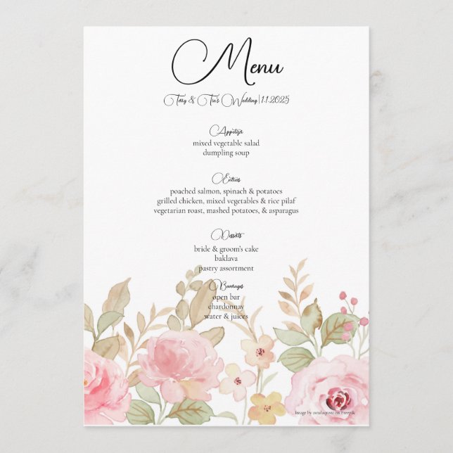 Menu Réception de mariage florale élégante personnalisé (Devant)