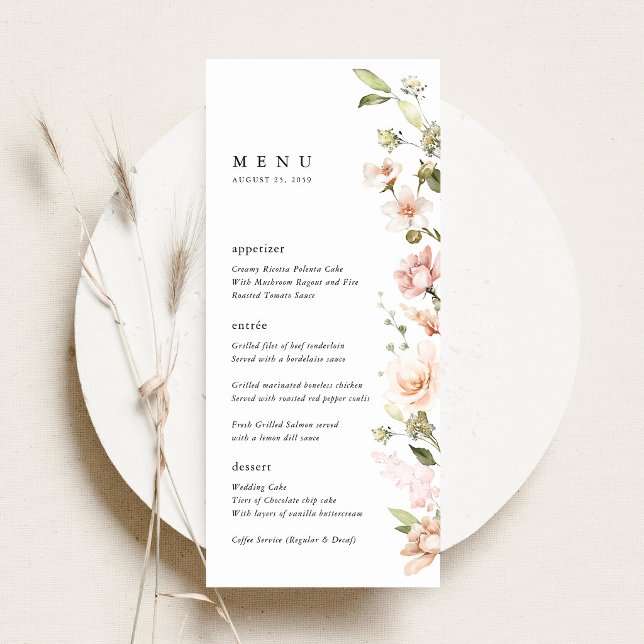 Menu Réception de mariage florale rose pêche pour dîner (Peach Blush Floral Wedding Menu, Blush Pink Watercolor Wildflower Menu Card, Reception Place Decor)