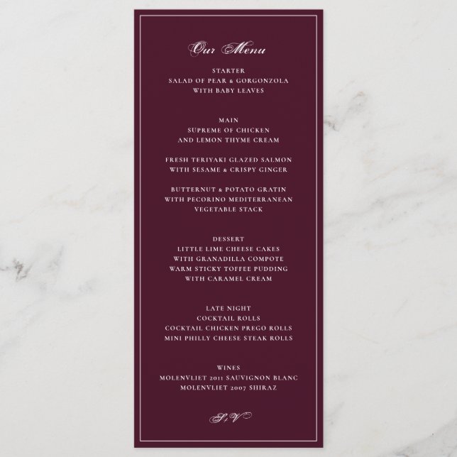 Menu Réception de mariage formelle en Bourgogne (Devant)
