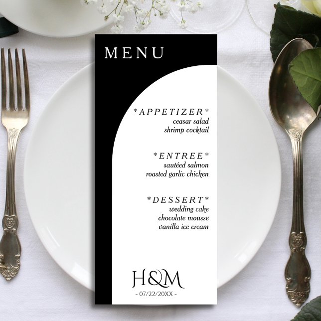 Menu Réception de mariage géométrique en noir et blanc  (black and white wedding menu)