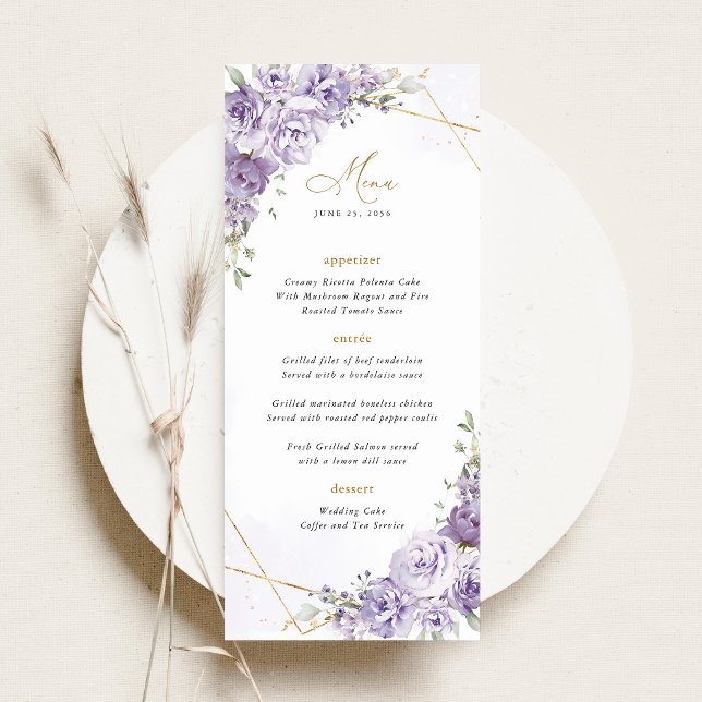Menu Réception de mariage géométrique floral lavande or (Lavender Floral Gold Geometric Wedding Menu Card, Elegant Purple Rose Reception Menu)