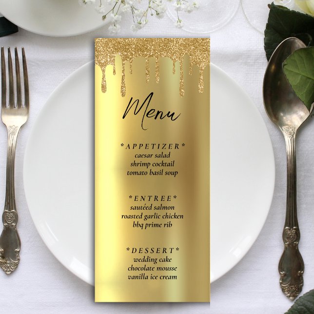Menu Réception de mariage Gold Parties scintillant (Gold Glitter Drip Wedding Reception Menu)