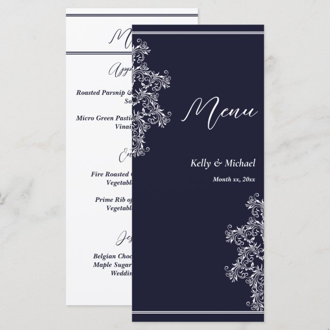 Menu Réception de mariage Marine et Blanc Élégant (Devant / Derrière)