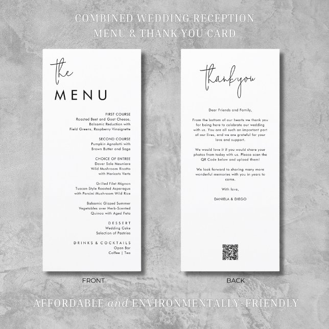 Menu Réception de mariage minimaliste moderne Merci & (Modern. minimalist wedding reception menu & thank you card. Affordable and environmentally-friendly!)