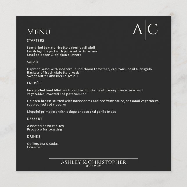 Menu Réception de mariage Noir Noir Simple (Devant)