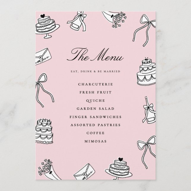 Menu Réception de mariage originale mignonne dessinée à (Devant)