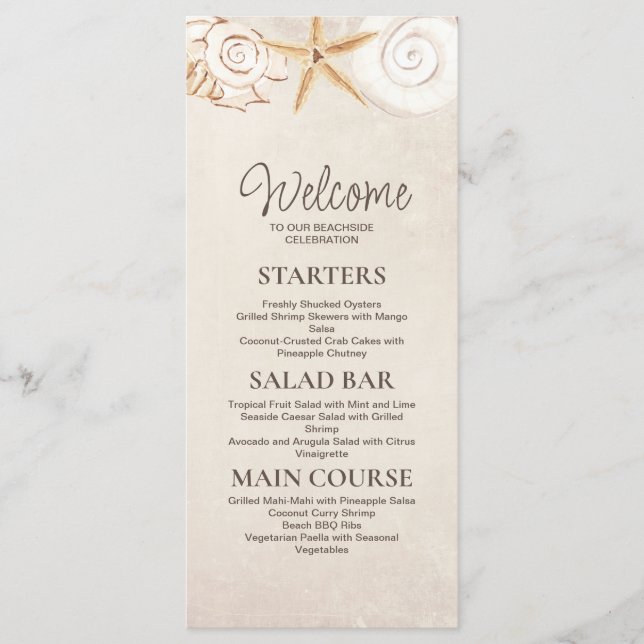 Menu Réception de mariage plage coquillages sable bord  (Devant)
