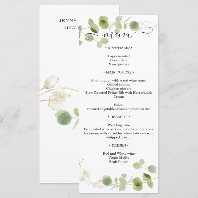 Menu Réception de mariage rustique eucalyptus doré (Devant / Derrière)