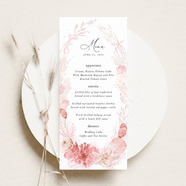 Menu Réception de mariage sur la plage rose avec coquil (Blush coastal wedding menu beach menu card pink seashell elegant destination wedding stationery)