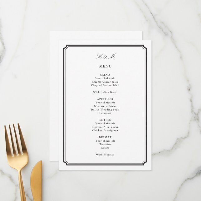 Menu Réception de mariage traditionnelle en noir et bla (Devant/Arrière en situation)