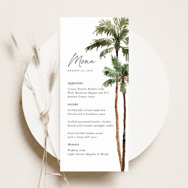 Menu Réception de mariage tropical sous les palmiers (Palm Tree Wedding Menu Tropical Wedding Menu Card Beach Destination Wedding Stationery)