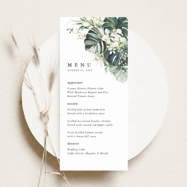 Menu Réception de mariage tropicale Monstera Vert Sauge (Sage Green Tropical Wedding Menu Card, Monstera Orchid Reception Table Menu, Destination Beach Menu)