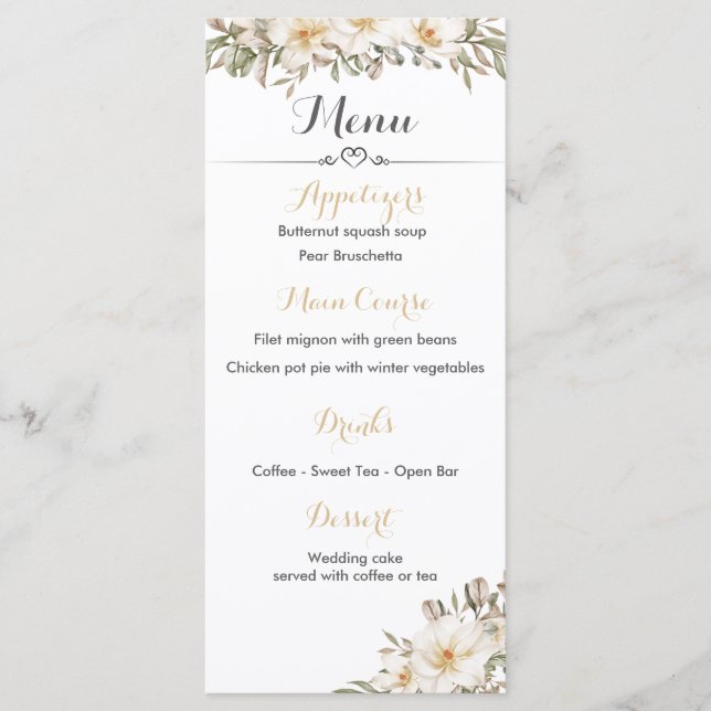 Menu Réception Mariage avec Fleurs Magnolia (Devant)