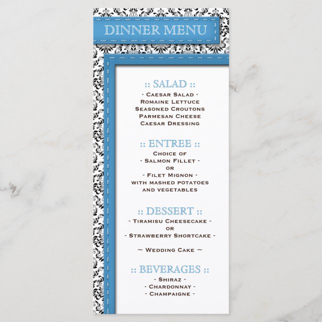 Menu Réception Mariage damassé en bleu avec pointi (Devant)