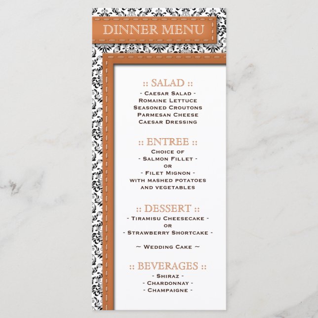 Menu Réception Mariage damassé Orange (Devant)