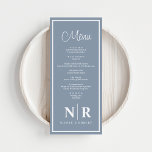 Menu Réception Monogramme mariage Ou Dîner Fiançailles<br><div class="desc">Présentez une touche d'élégance raffinée à votre événement spécial avec notre Dusty Blue and White Mariage Monogram Réception ou Dîner Menus Fiançailles. Ces menus exquis sont conçus pour améliorer votre expérience culinaire, ce qui en fait l'ajout parfait aux mariages, dîners de répétition et fêtes de fiançailles. Le mélange sophistiqué de...</div>