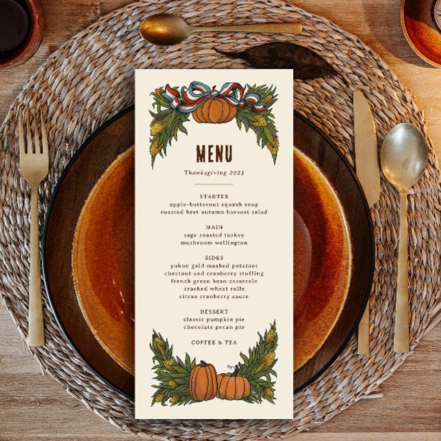 Menu Récolte américaine chaude Thanksgiving (autumn harvest thanksgiving dinner menu with illustrated swags of corn stalks, pumpkin and ribbon)