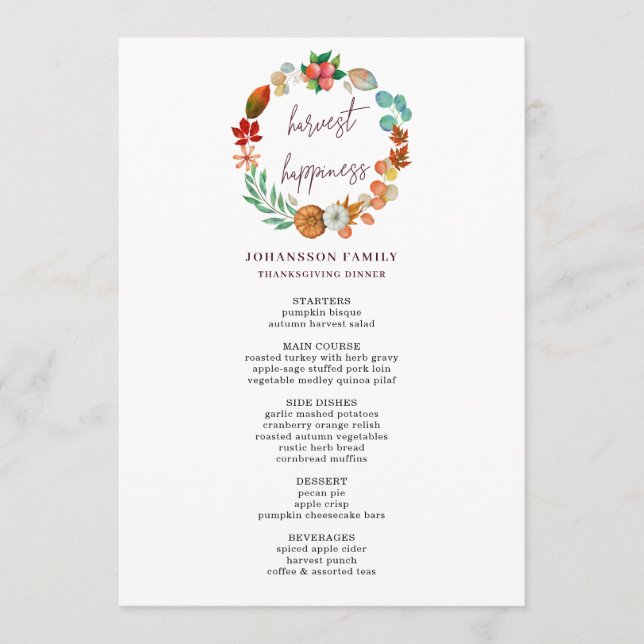MENU RÉCOLTER AUTOMNE CITROUILLE WREATH MERCI DÎNER (Devant)