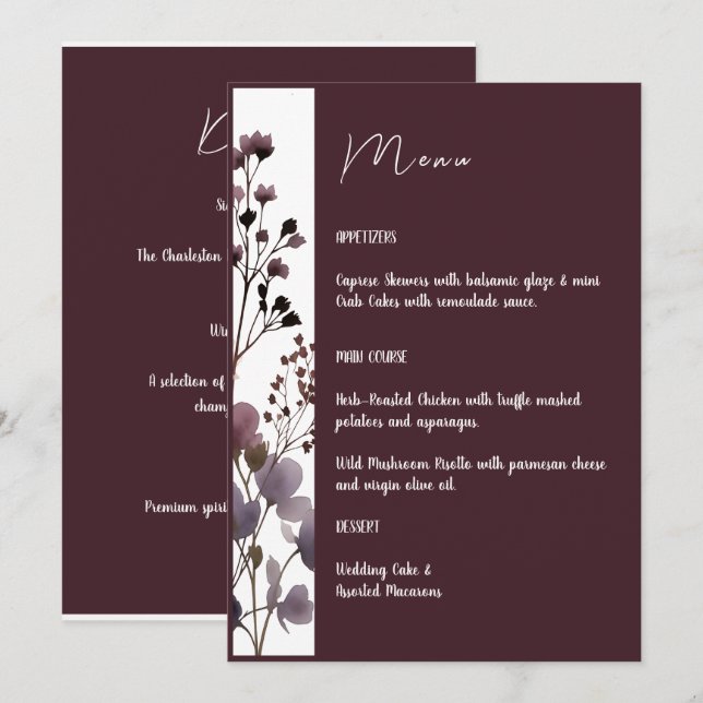 Menu Red Blush Floral Wedding Elegant Romantic (Devant / Derrière)