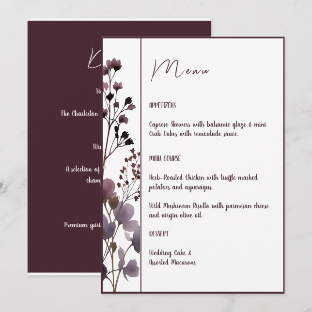 Menu Red Blush Floral Wedding Elegant Romantic (Devant / Derrière)