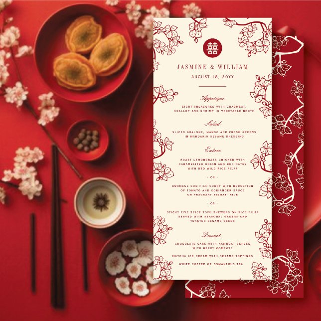 Menu Red Plum Blossoms Double Bonheur Mariage chinois (Red Plum/Peach Blossoms & Double Happiness Floral Chinese Wedding Menu Card @ fatfatin_red_knot)
