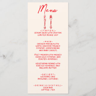 Menu Red Retro Hand Written Drawn Quirky Unique Wedding