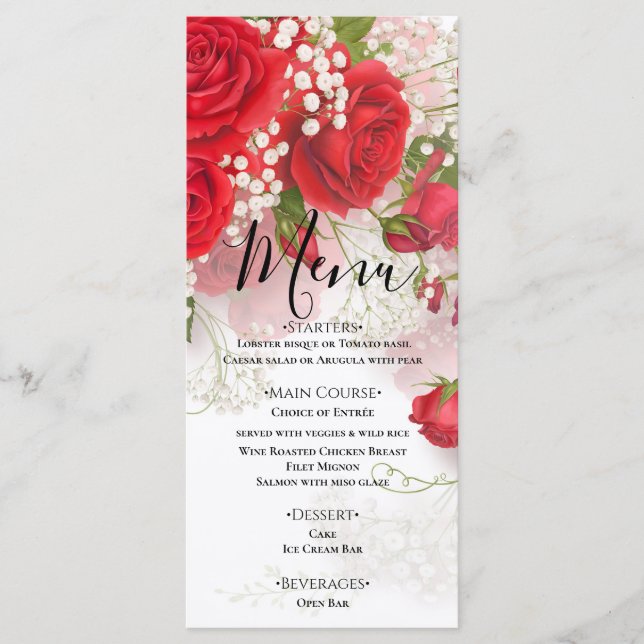 Menu Red Roses & Babys Breath Elegant Floral Wedding  (Devant)