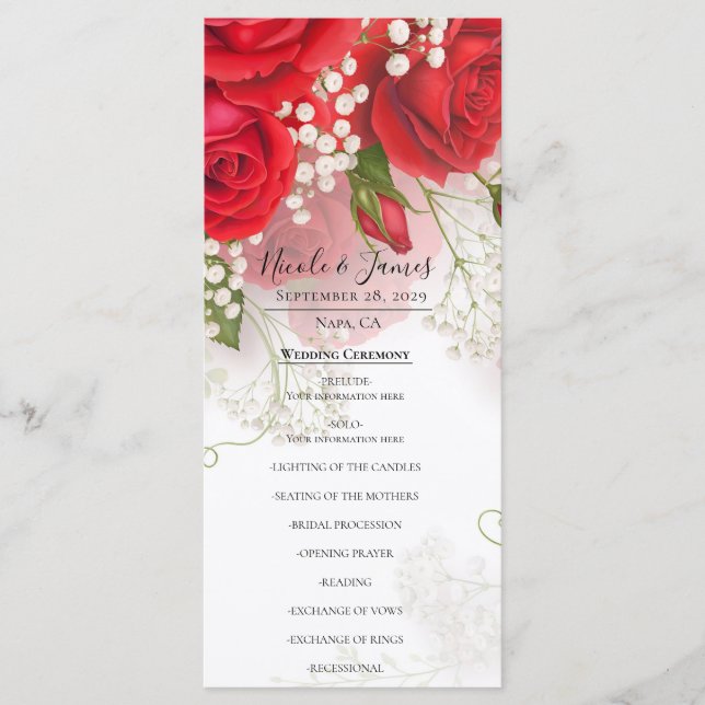 Menu Red Roses & Babys Breath Elegant Floral Wedding  (Devant)