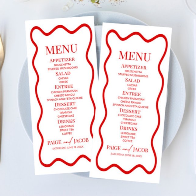 Menu Red White Elegant Wavy Border Wedding Food (Créateur téléchargé)